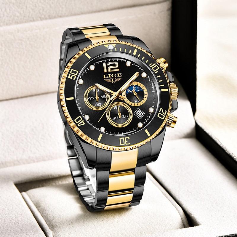 LIGE |Uhren Herren Top Marke Luxus Uhr Casual Edelstahl 24 Stunde Moon Phase Männer Uhr Sport Wasserdichte Quarz Chronograph - Miseru