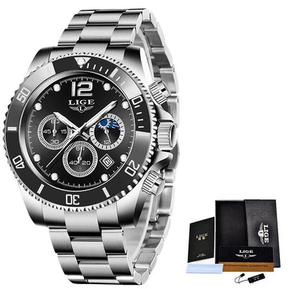 LIGE |Uhren Herren Top Marke Luxus Uhr Casual Edelstahl 24 Stunde Moon Phase Männer Uhr Sport Wasserdichte Quarz Chronograph - Miseru