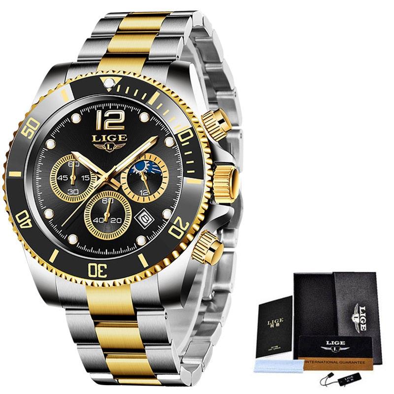 LIGE |Uhren Herren Top Marke Luxus Uhr Casual Edelstahl 24 Stunde Moon Phase Männer Uhr Sport Wasserdichte Quarz Chronograph - Miseru