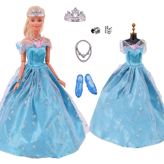 Fünfteiliger Anzug (1 Kleidungsstück + 4 Schmuckaccessoires) Elegantes blaues Abendkleid, geeignet für 30 cm große Barbies-Puppe - Miseru