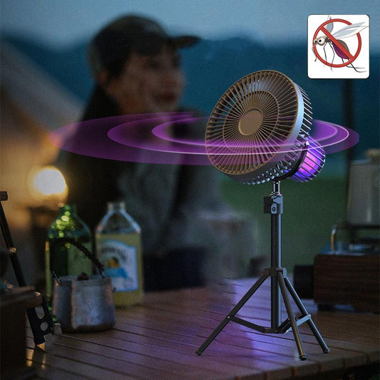 Tragbarer Camping-Ventilator, wiederaufladbar, tragbarer Zirkulator, kabelloser elektrischer Deckenventilator, Powerbank, LED-Licht, Stativ, Moskito-Killer - Miseru