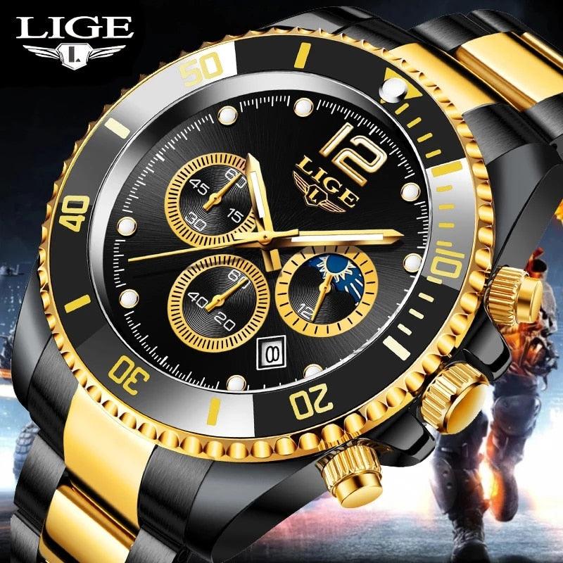 LIGE |Uhren Herren Top Marke Luxus Uhr Casual Edelstahl 24 Stunde Moon Phase Männer Uhr Sport Wasserdichte Quarz Chronograph - Miseru